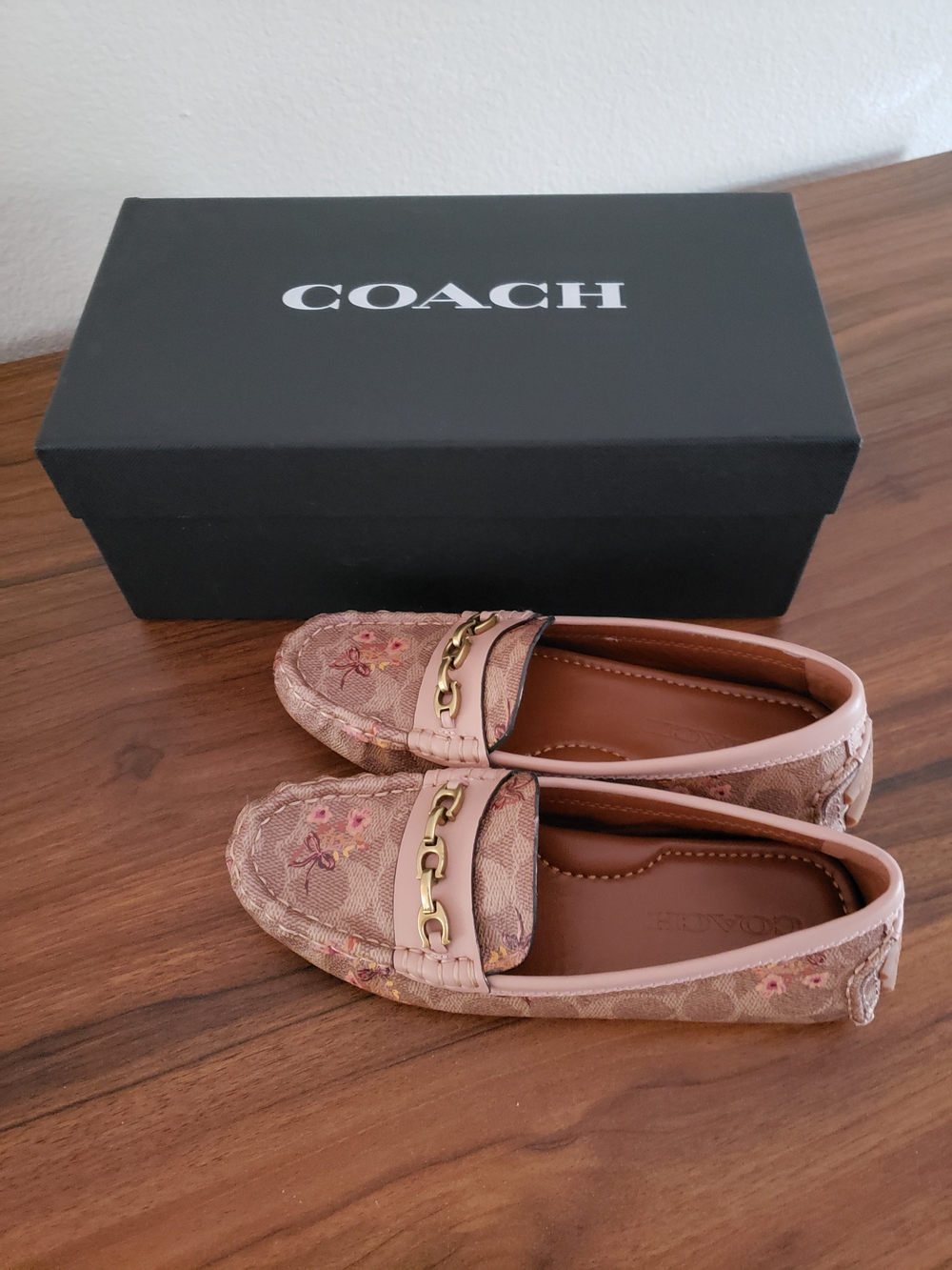 COACH Pale Blush Floral Signature Chain Moccasin Loafers